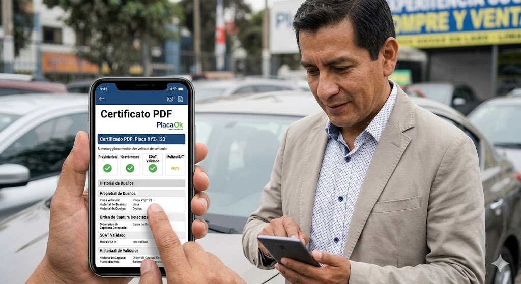 Experto mostrando el Certificado PDF de PlacaOk en una tablet